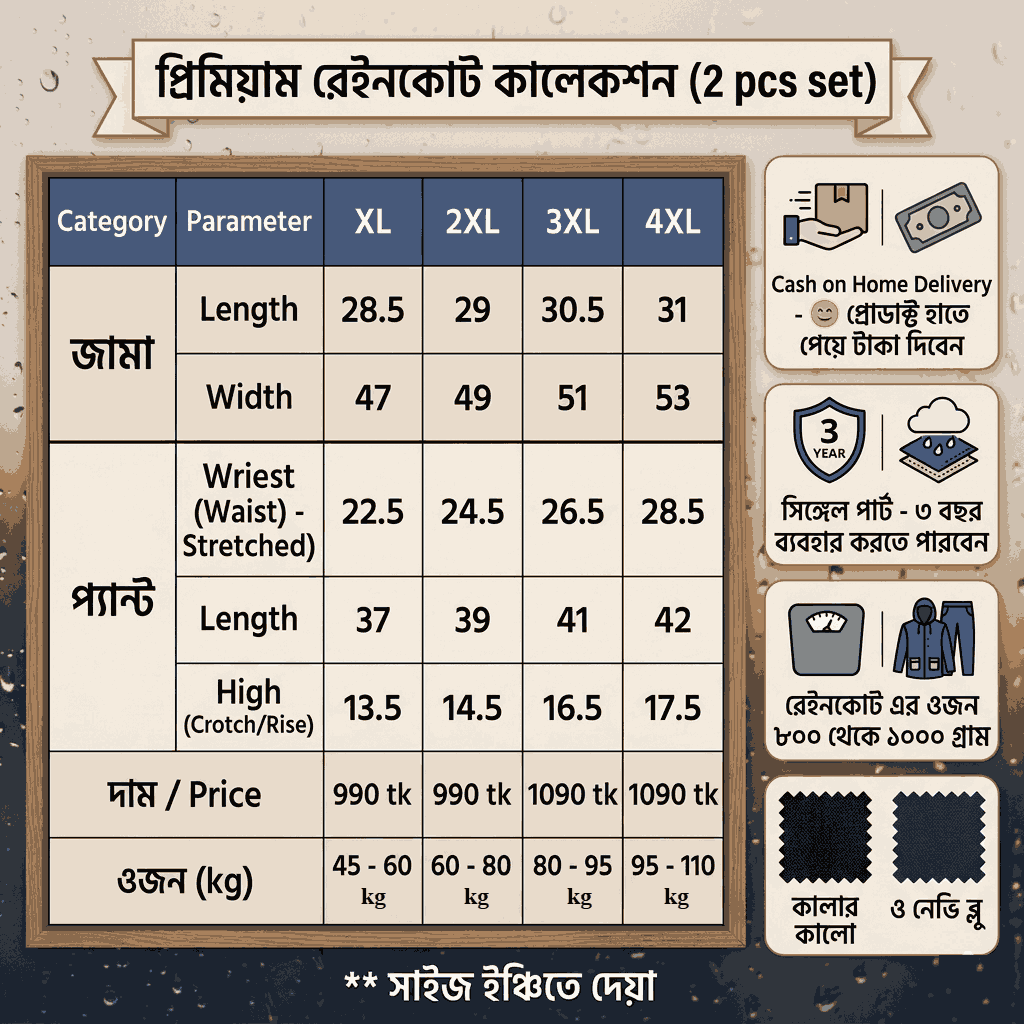 রেইনকোট সাইজ ম্যাপ চার্ট